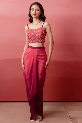 Pink ombre pre-drape skirt with handwork blouse & ombre dupatta
