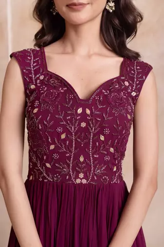 Purple georgette handwork five tier suit set with frill dupatta