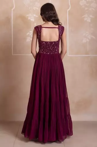 Purple georgette handwork five tier suit set with frill dupatta