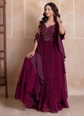 Purple georgette handwork five tier suit set with frill dupatta 4