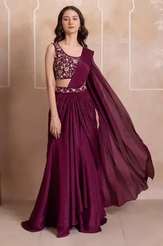Purple georgette handwork five tier suit set with frill dupatta