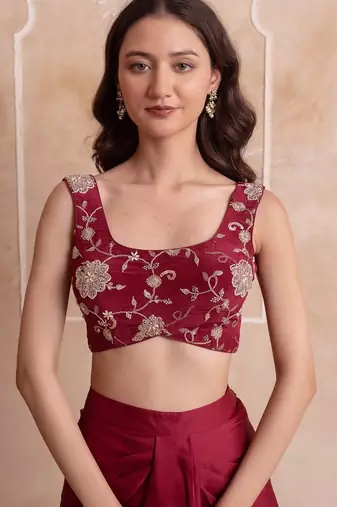 Maroon satin pre-draped skirt shrug set