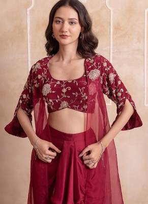 Maroon satin pre-draped skirt shrug set 3