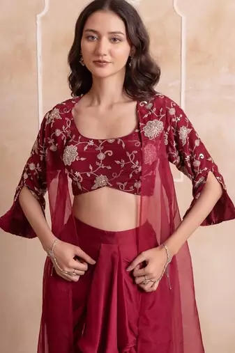 Maroon satin pre-draped skirt shrug set