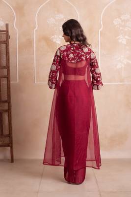 Maroon satin pre-draped skirt shrug set 4