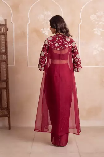 Maroon satin pre-draped skirt shrug set