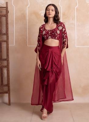 Maroon satin pre-draped skirt shrug set 5
