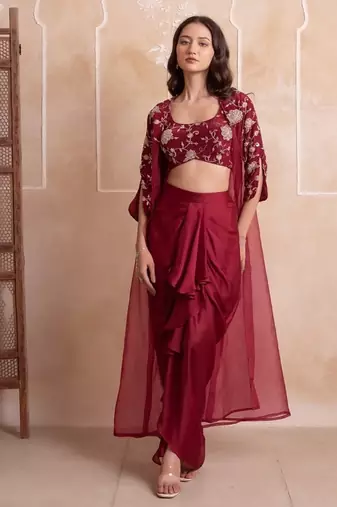 Maroon satin pre-draped skirt shrug set