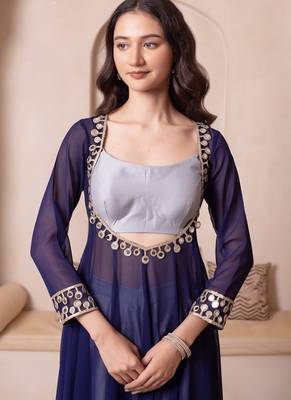 Navy blue mirror work kurta set with blouse & pant 2