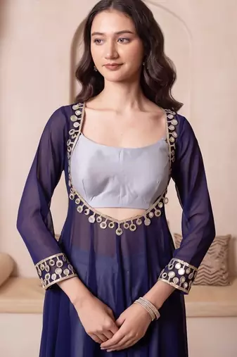 Navy blue mirror work kurta set with blouse & pant