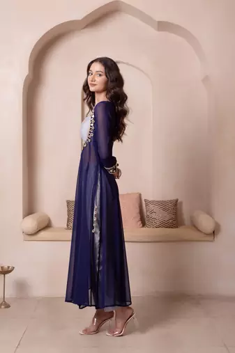 Navy blue mirror work kurta set with blouse & pant