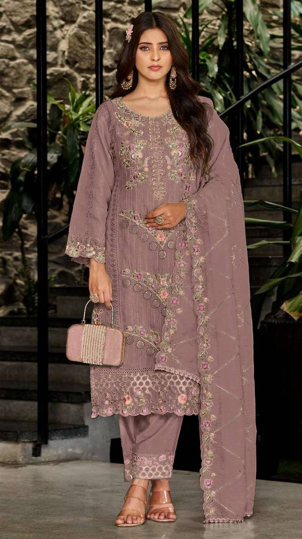 Mauve embroidered georgette semi-stitched pakistani salwar suit