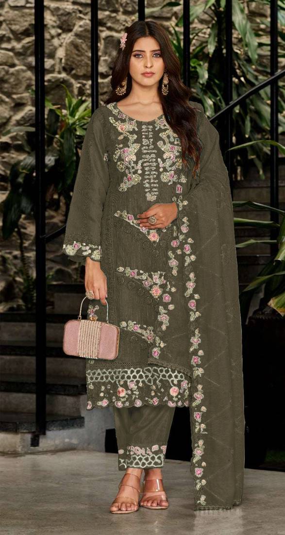 Green embroidered georgette semi-stitched pakistani salwar suit