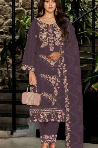 Wine embroidered georgette semi-stitched pakistani salwar suit