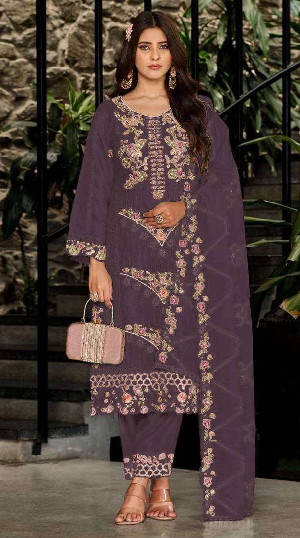 Wine embroidered georgette semi-stitched pakistani salwar suit