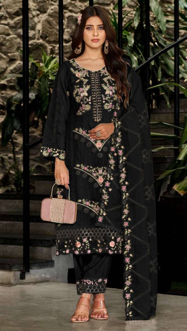 Black embroidered georgette semi-stitched pakistani salwar suit