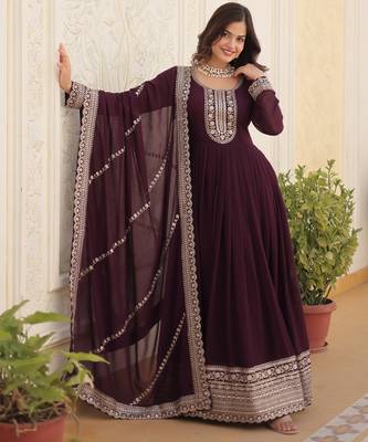 Wine festive wear designer faux blooming georgette embroidered & sequins work readymade suit 1