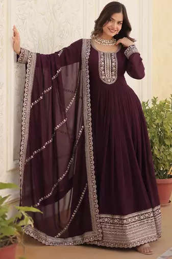Wine festive wear designer faux blooming georgette embroidered & sequins work readymade suit