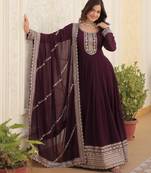 Wine festive wear designer faux blooming georgette embroidered & sequins work readymade suit