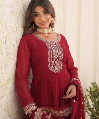 Maroon festive wear designer faux blooming georgette embroidered & sequins work readymade suit 1