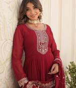 Maroon festive wear designer faux blooming georgette embroidered & sequins work readymade suit