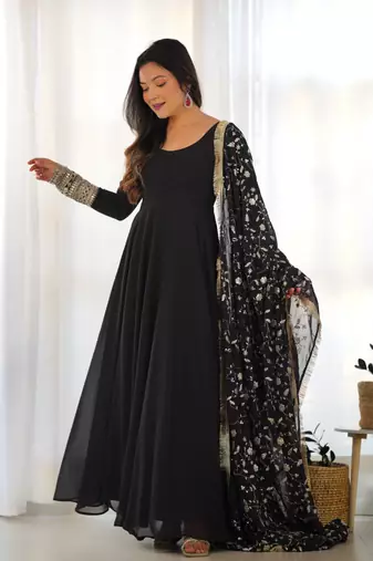 Black festive wear designer heavy pure soft fox georgette embroidered sequins with  zari work  readymade suit
