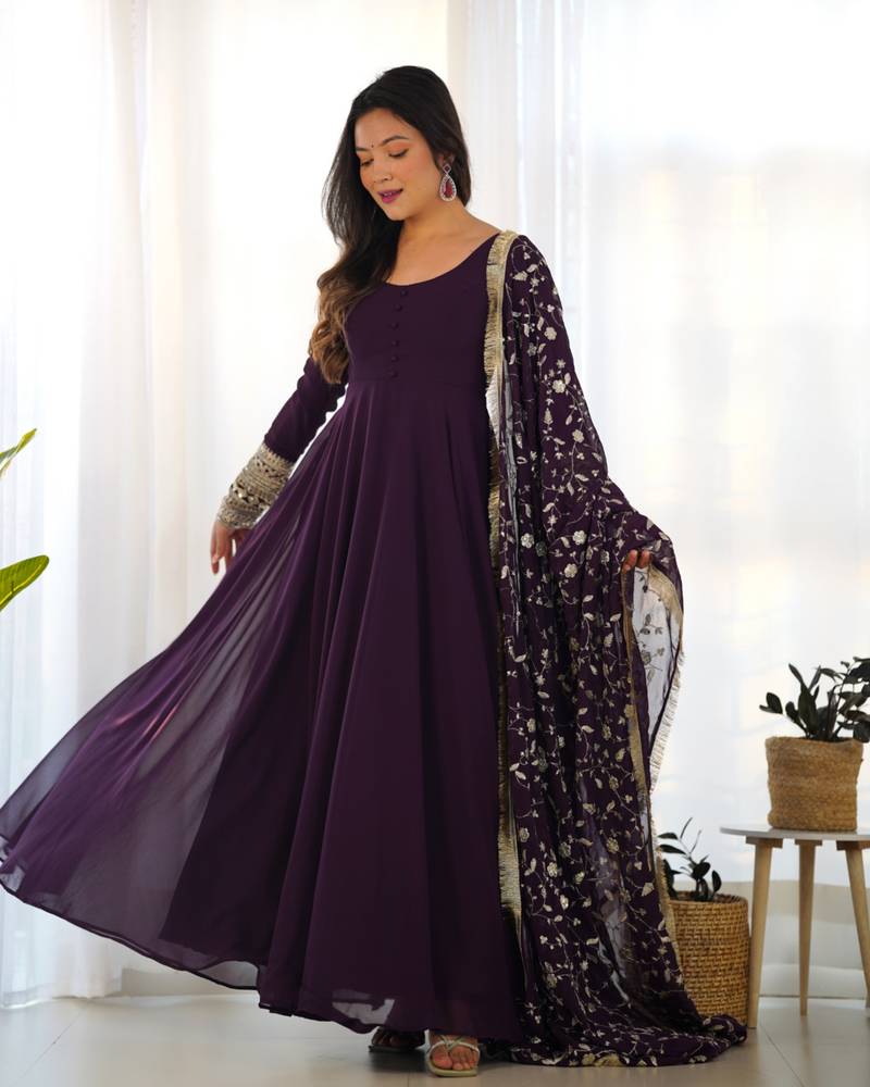Purple festive wear designer heavy pure soft fox georgette embroidered sequins with  zari work  readymade suit