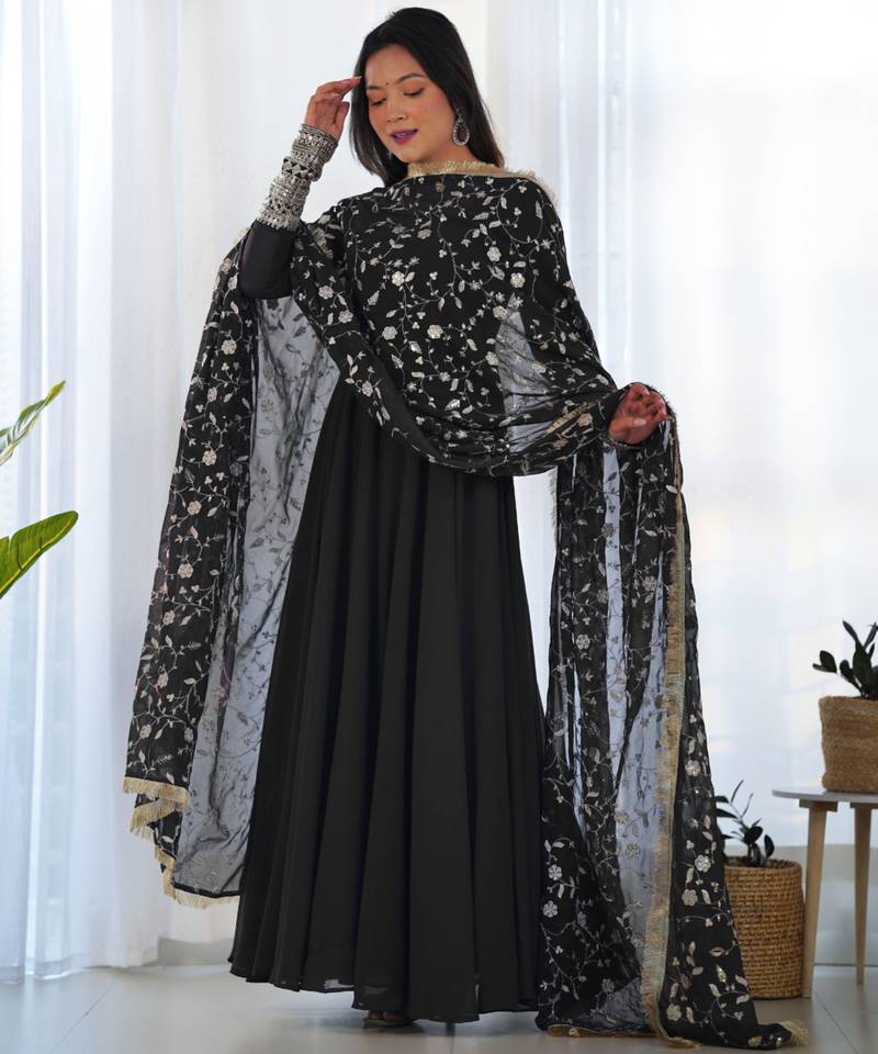 Black festive wear designer heavy pure soft fox georgette embroidered sequins with  zari work  readymade suit