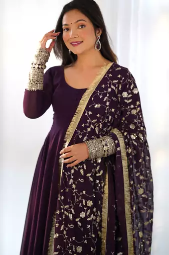 Purple festive wear designer heavy pure soft fox georgette embroidered sequins with  zari work  readymade suit