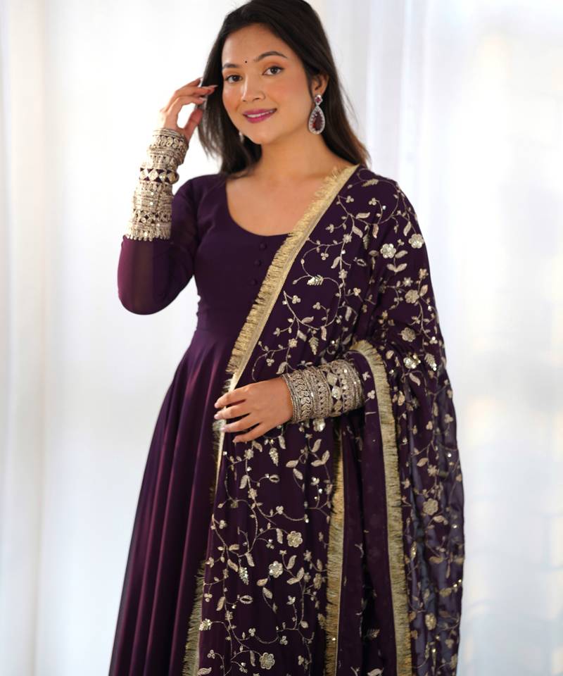 Purple festive wear designer heavy pure soft fox georgette embroidered sequins with  zari work  readymade suit