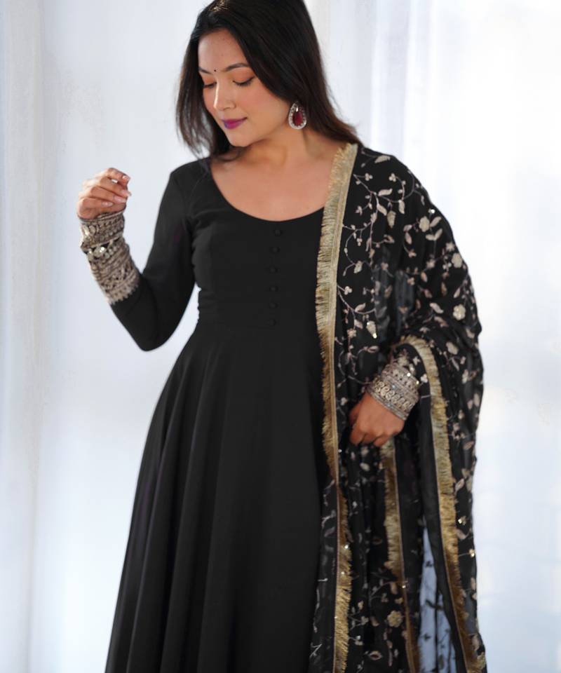 Black festive wear designer heavy pure soft fox georgette embroidered sequins with  zari work  readymade suit