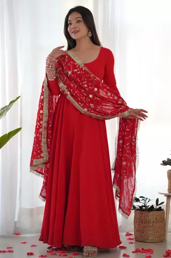 Red festive wear designer heavy pure soft fox georgette embroidered sequins with  zari work  readymade suit