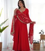 Red festive wear designer heavy pure soft fox georgette embroidered sequins with  zari work  readymade suit