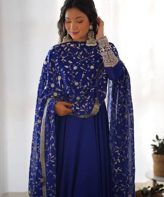 Navy blue festive wear designer heavy pure soft fox georgette embroidered sequins with  zari work  readymade suit 3
