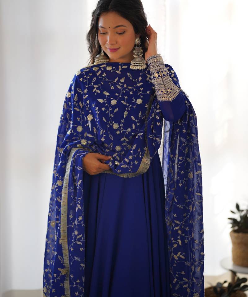 Navy blue festive wear designer heavy pure soft fox georgette embroidered sequins with  zari work  readymade suit