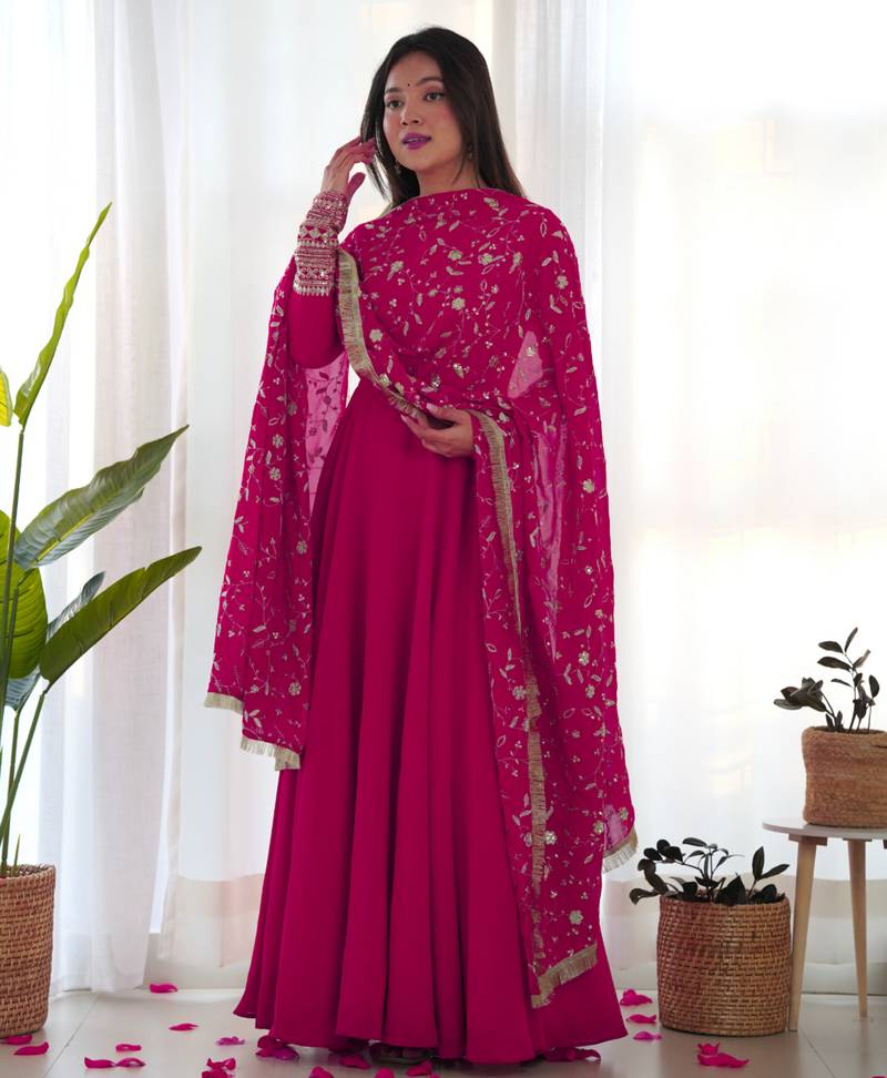 Rani pink festive wear designer heavy pure soft fox georgette embroidered sequins with  zari work  readymade suit