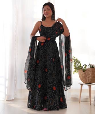 Black festive wear designer pure soft chiffon bandhej  digital printed work readymade suit 1