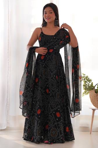 Black festive wear designer pure soft chiffon bandhej  digital printed work readymade suit
