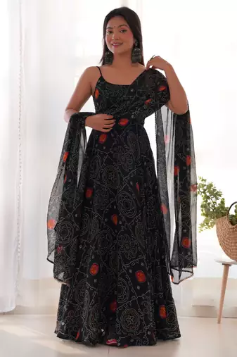 Black festive wear designer pure soft chiffon bandhej  digital printed work readymade suit