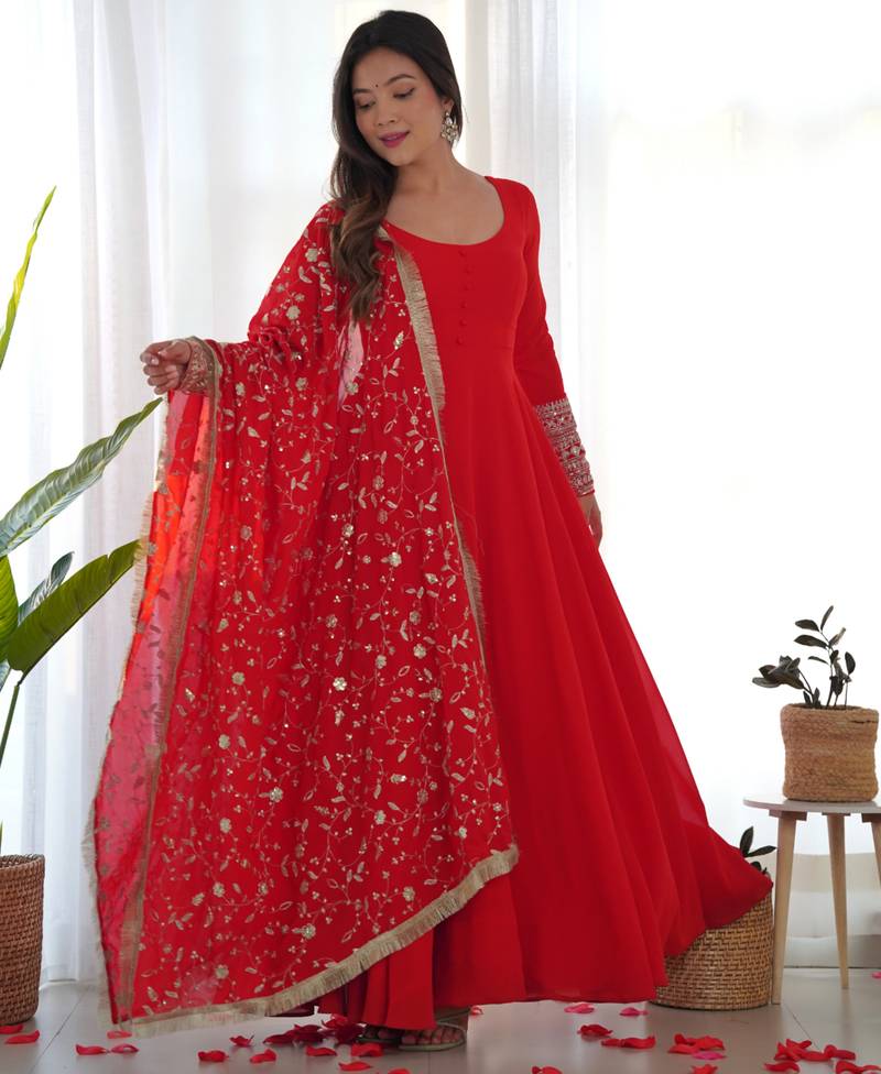 Red festive wear designer heavy pure soft fox georgette embroidered sequins with  zari work  readymade suit