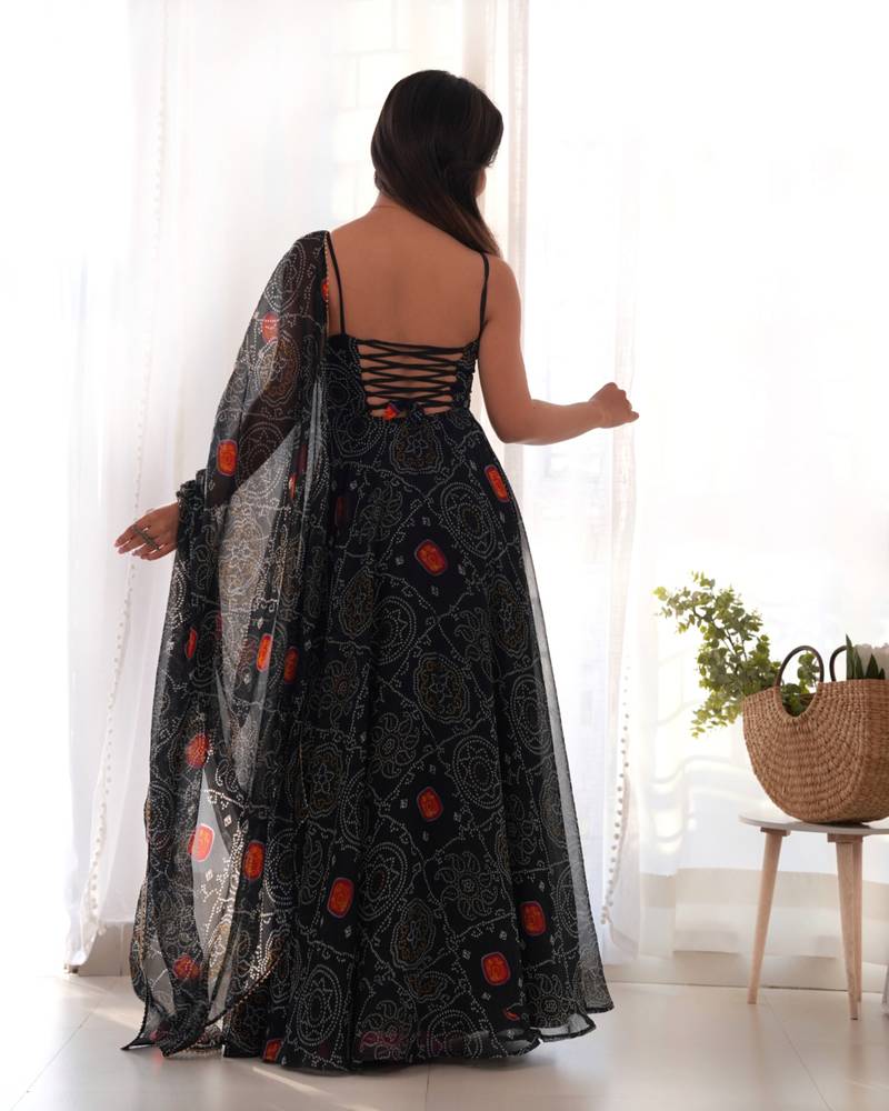 Black festive wear designer pure soft chiffon bandhej  digital printed work readymade suit