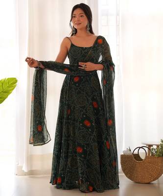 Green  festive wear designer pure soft chiffon bandhej  digital printed work readymade suit 1