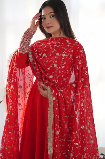 Red festive wear designer heavy pure soft fox georgette embroidered sequins with  zari work  readymade suit