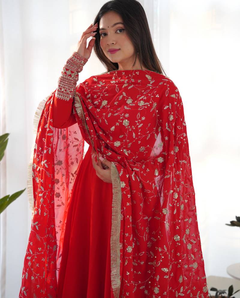 Red festive wear designer heavy pure soft fox georgette embroidered sequins with  zari work  readymade suit