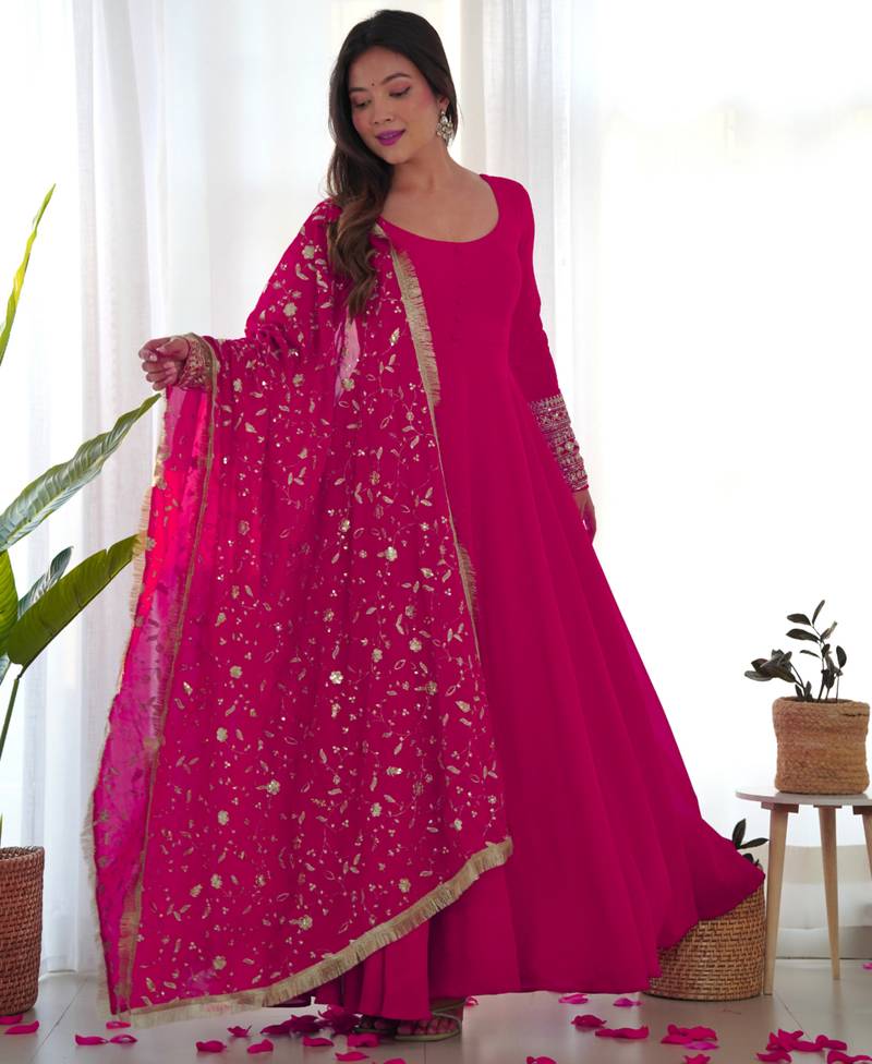 Rani pink festive wear designer heavy pure soft fox georgette embroidered sequins with  zari work  readymade suit