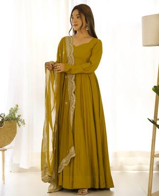 Mustard festive wear designer pure soft chiffon bandhej  digital printed work readymade suit 1
