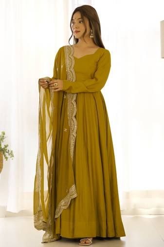 Mustard festive wear designer pure soft chiffon bandhej  digital printed work readymade suit