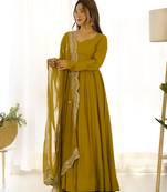 Mustard festive wear designer pure soft chiffon bandhej  digital printed work readymade suit