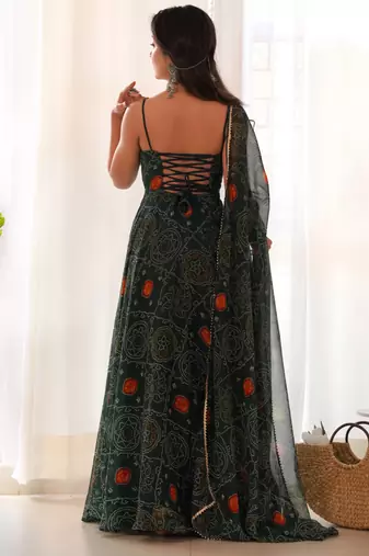 Green  festive wear designer pure soft chiffon bandhej  digital printed work readymade suit