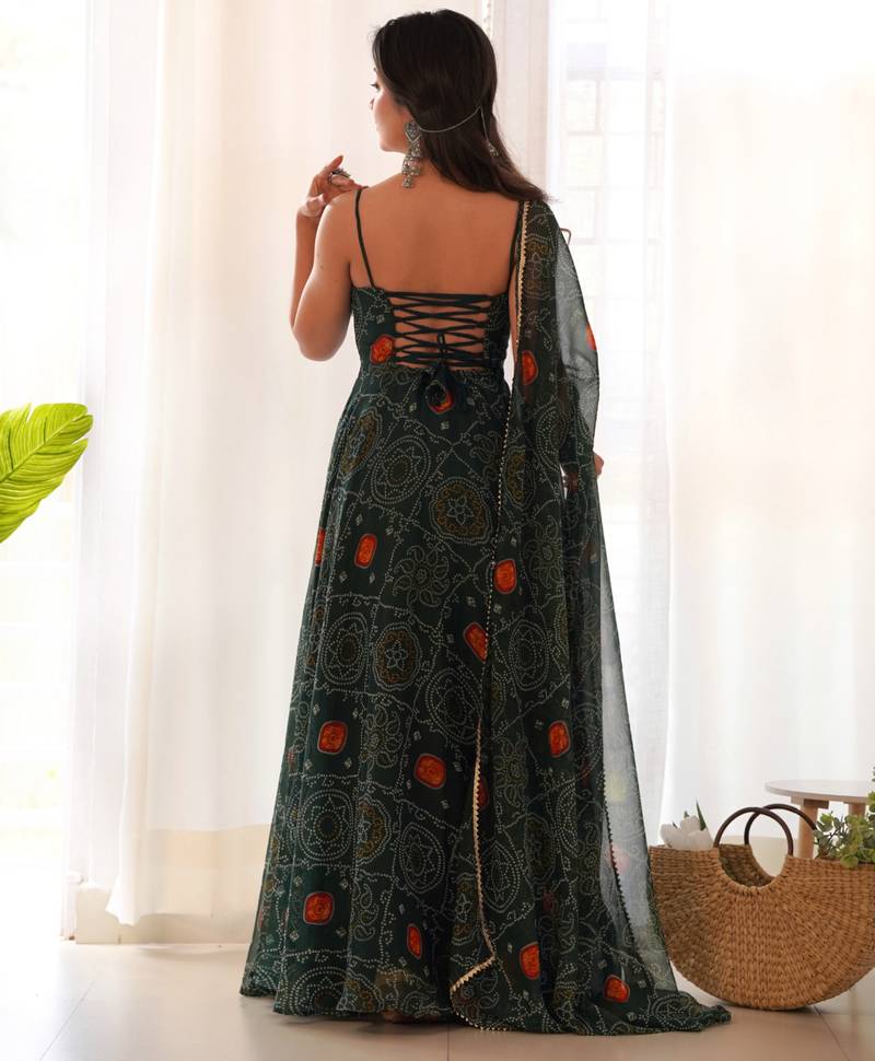 Green  festive wear designer pure soft chiffon bandhej  digital printed work readymade suit